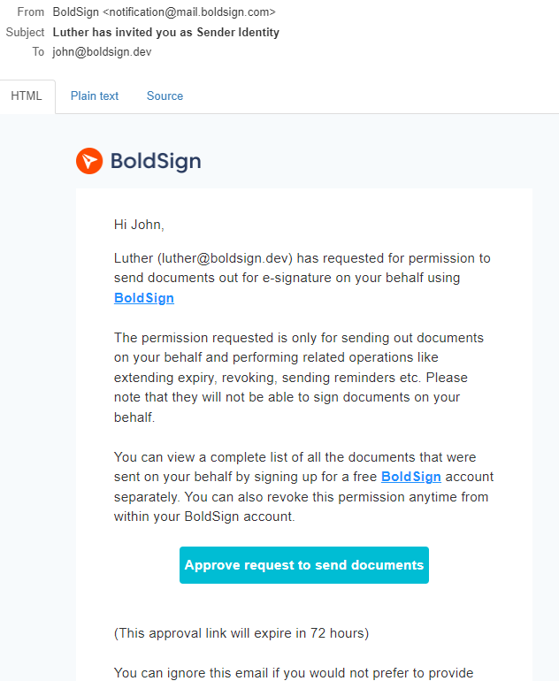 BoldSign sender identity approval email