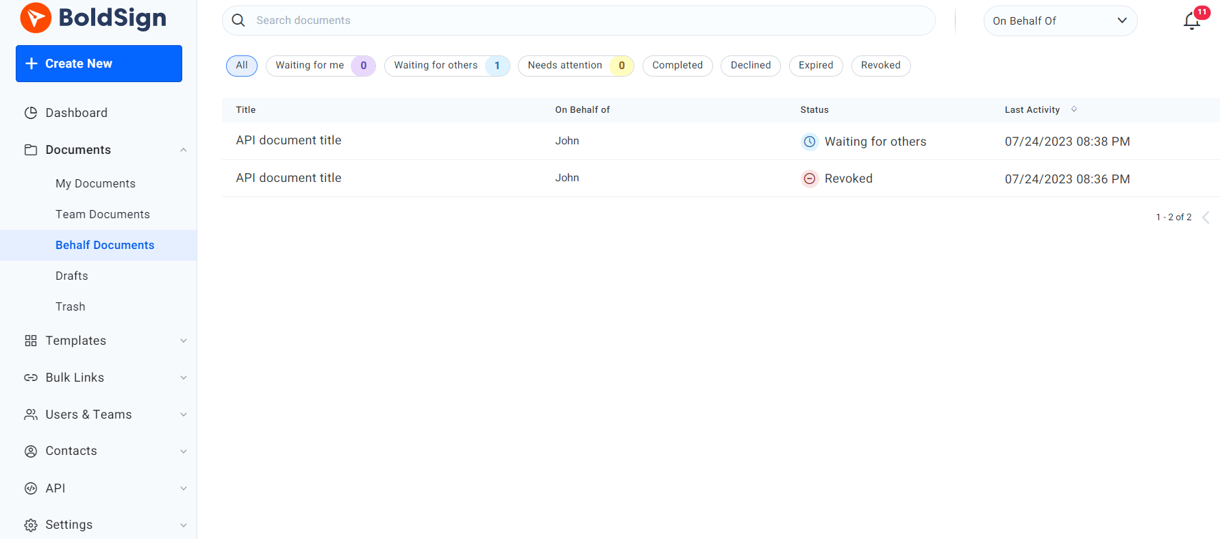 BoldSign behalf documents management dashboard