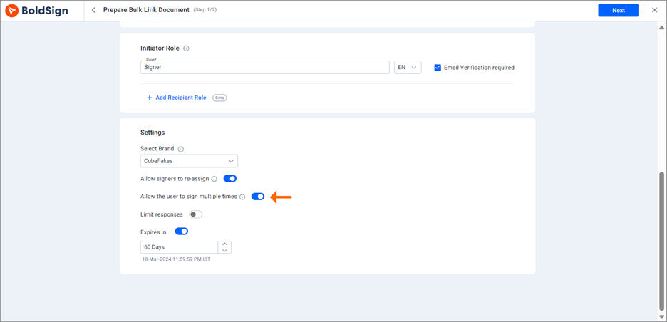 Allow Multiple sign option using same bulk link