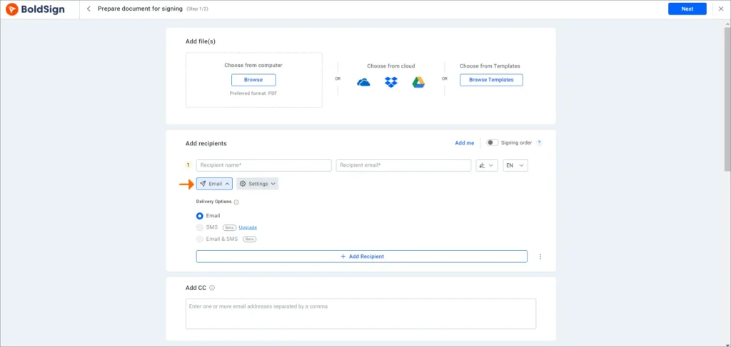 Select Delivery Option