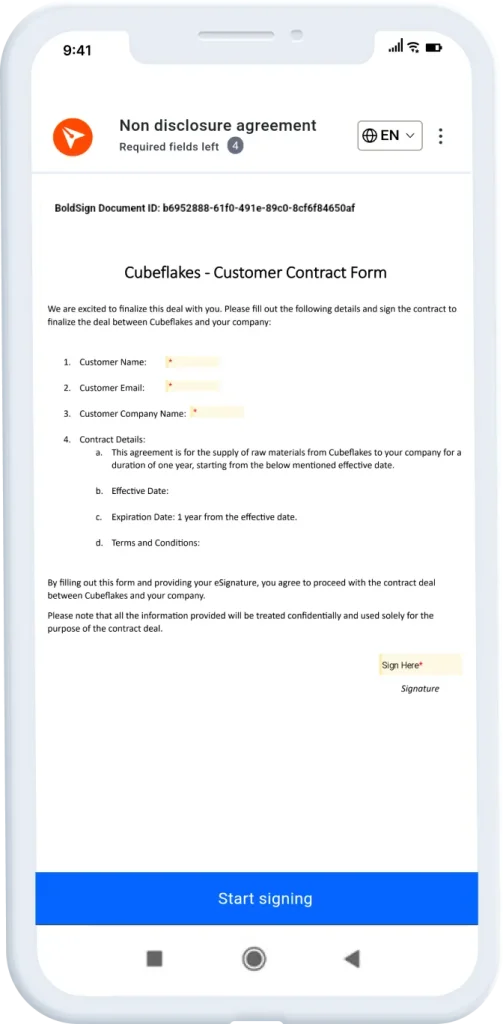 Signing the document in mobile phone