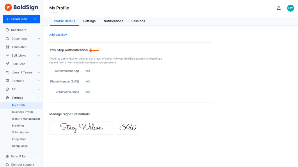 Two-factor authentication methods in BoldSign