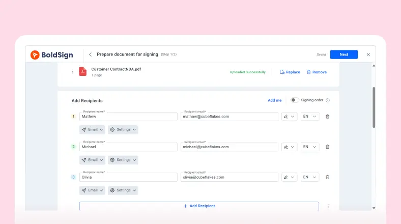 Send an E-Signature Request to Multiple Signers in Order