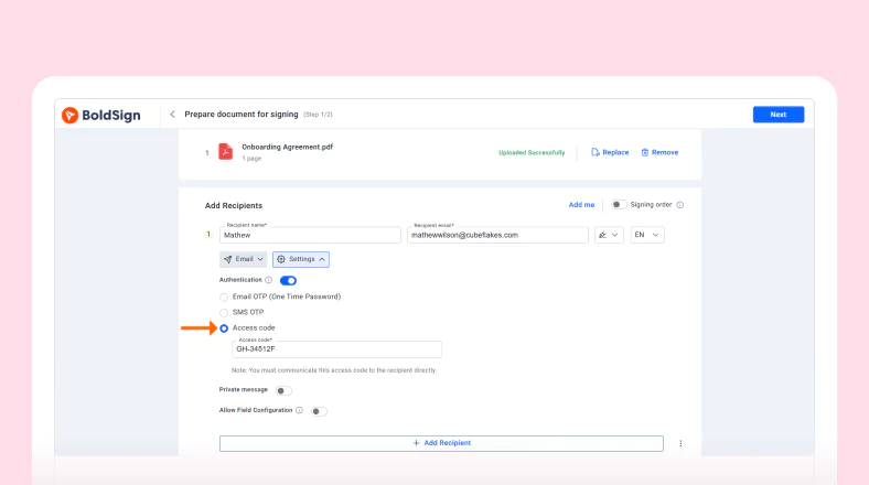 verify signers with access codes
