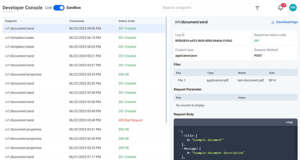 BoldSign Developer Console Dashboard