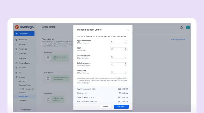 Managing Budgets for Pay‑As‑You‑Go in BoldSign